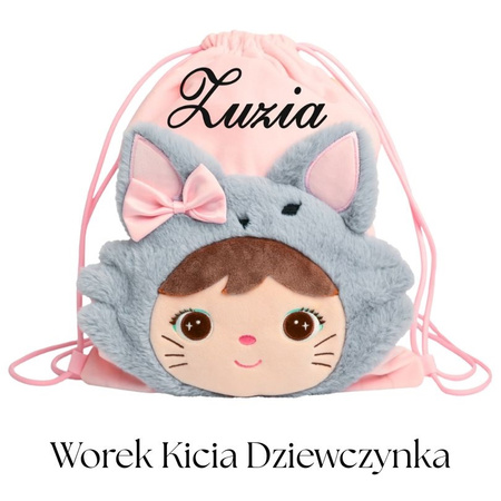 Metoo Personalized Smiled Fluffy Kitty with Bow Bacpack 2in1 and Bag - Set