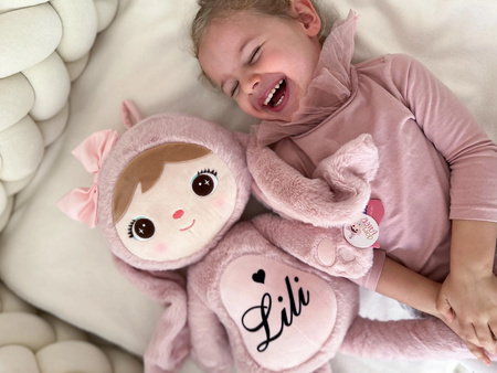 Metoo Personalized Smiled Fluffy Bunny with Bow - Powder Pink XL Doll 70 cm